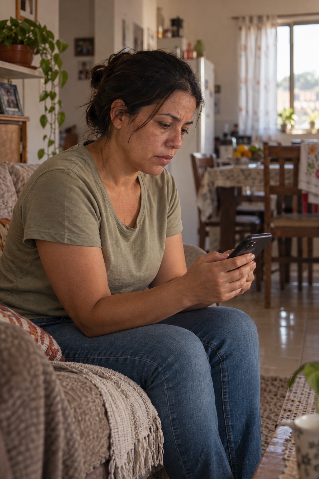 Mulher sentada no sofá de casa, olhando com atenção para o celular em um momento reservado